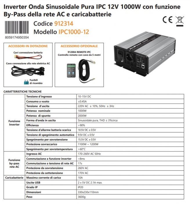 Inverter onda sinusoidale 1000W 12 V e caricabatteria con funzione bypass ups