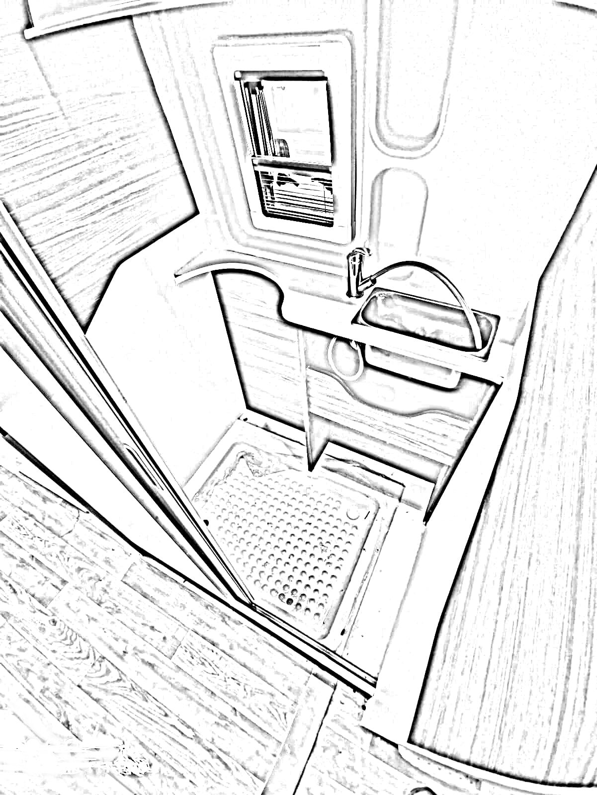 Render tecnico del bagno del kit arredo completo Campee OpenLoad con pareti laterali, lavabo e WC integrato, progettato per la camperizzazione dei furgoni Ducato, Jumper e Boxer L3H2