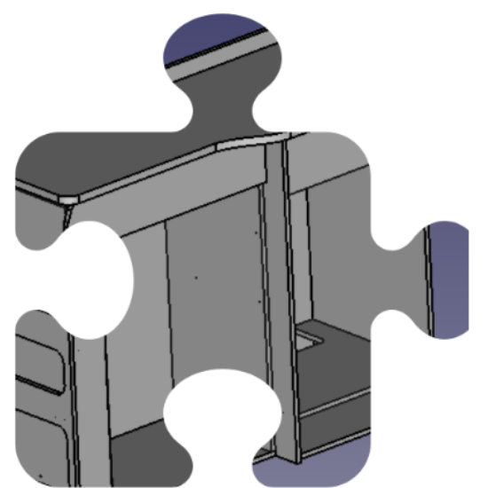 Vista CAD della cucina del kit OpenLoad Campee per camperizzazione Ducato, Jumper e Boxer L3H2, con moduli in legno nobilitato idrorepellente, piano cottura e vani contenitore integrati.