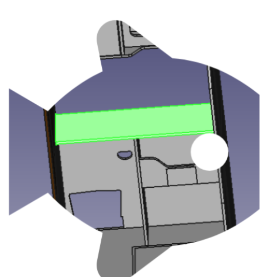 Vista CAD del bagno del kit OpenLoad Campee per camperizzazione Ducato, Jumper e Boxer L3H2, completo di pareti laterali e pannelli modulari in legno nobilitato idrorepellente.